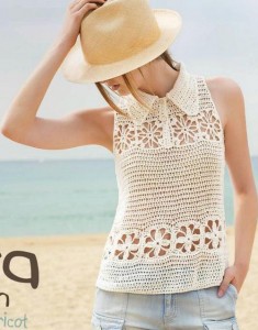 crochet White top decorated with flower rows and a small collar