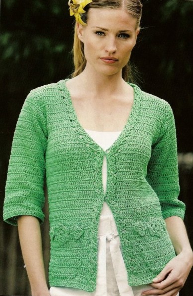 gcroceht cardigan with flwoery pockets