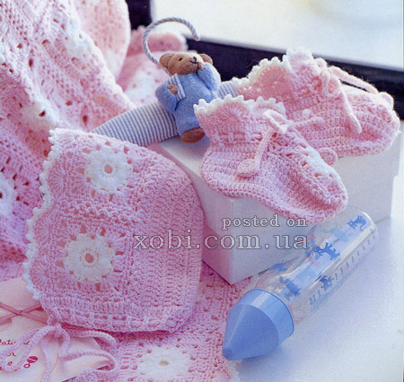 Baby afghan booties and cap crochet set 1