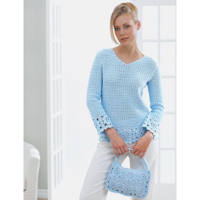 A delicate granny motif lines this stylish v-neck tunic and matching purse. Shown in Patons Grace.