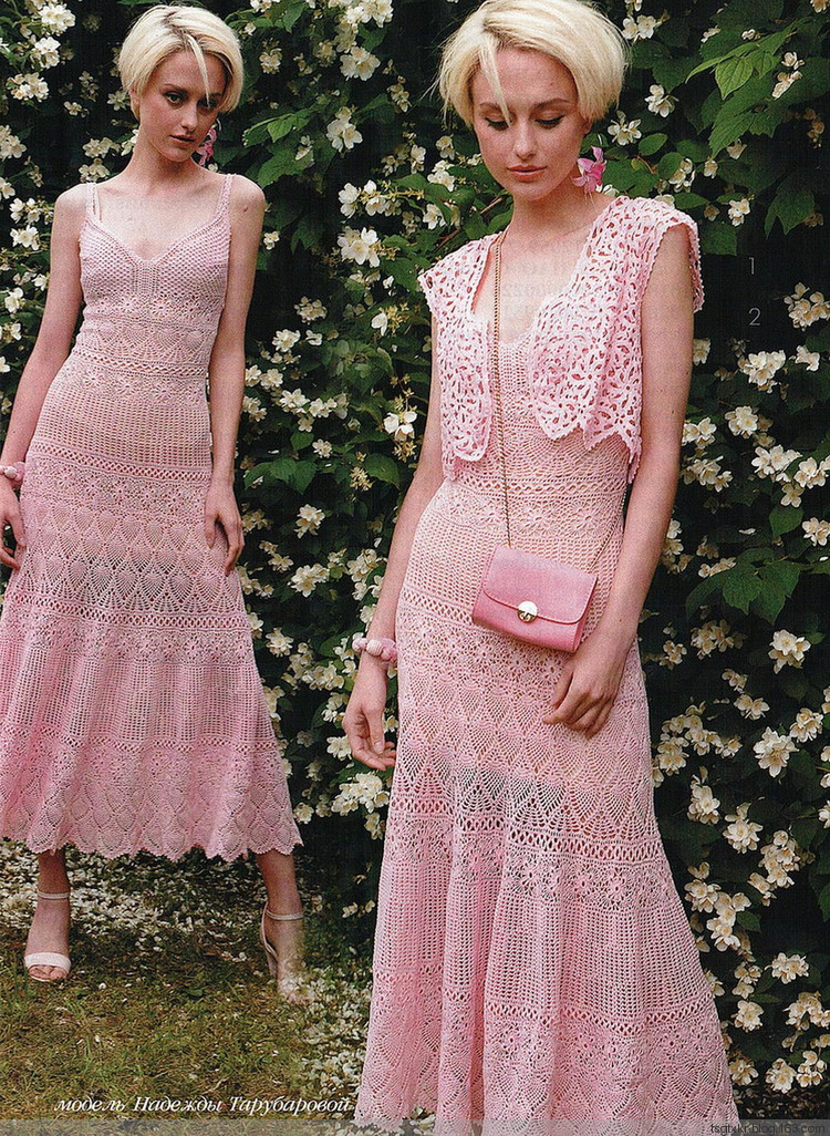 Long Pink Lace Crochet Dress and Shrug ...
