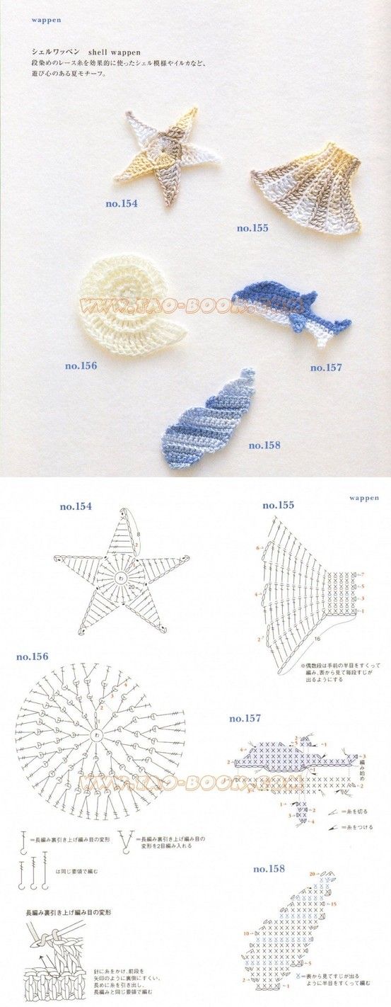 Crochet shell motifs and diagrams
