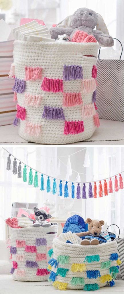 Free Crochet Pattern for a Crochet Fringe Basket.