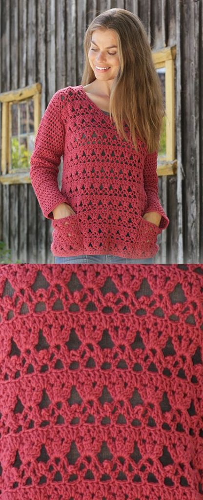 Free crochet pattern for a ladies sweater. Crochet sweater pattern worked with lace pattern, fans and pockets. #crochet #freecrochet #freepattern #freecrochetpattern