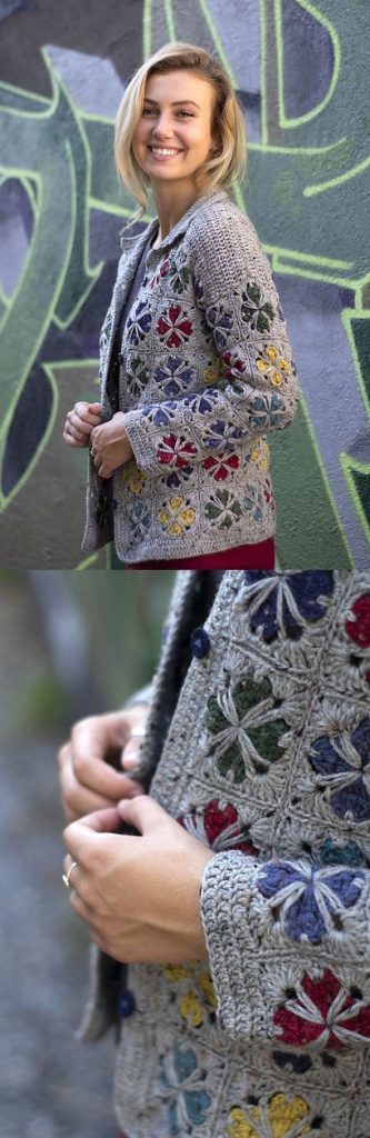 Free Crochet Pattern for a Mod Tiles Cardigan. Colorful , modern and chic women's cardigan to crochet free.