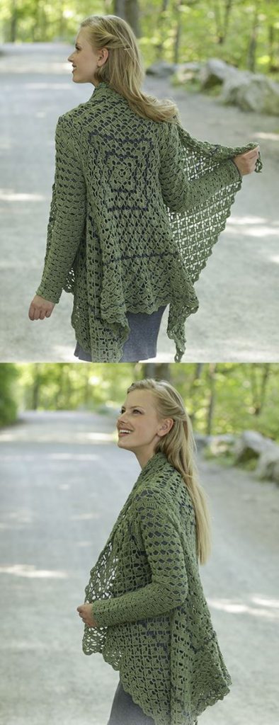 Free Knitting Pattern for a Jacket Green Envy. Beautiful jacket to crochet
