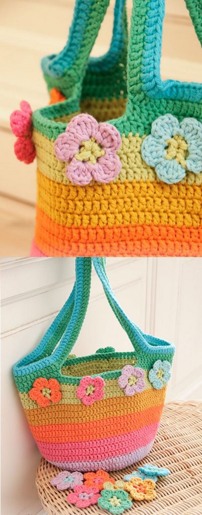 Free Crochet Pattern for a Striped Rainbow Market Bag with Flowers