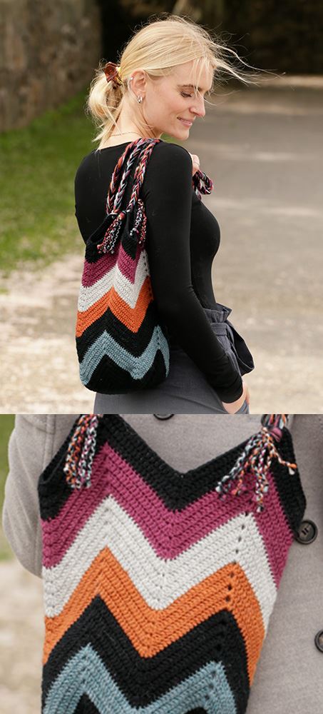 Free crochet pattern for a ripple stitch zig zag bag