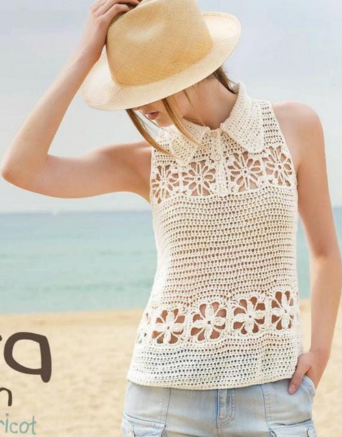 Crochet Top with Floral Squares and Collar
