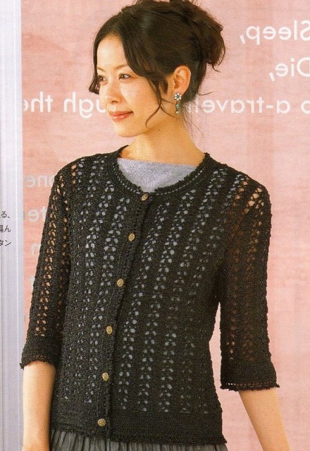 Crochet Cardigan Pattern with Eyelets and 3/4 Sleeves