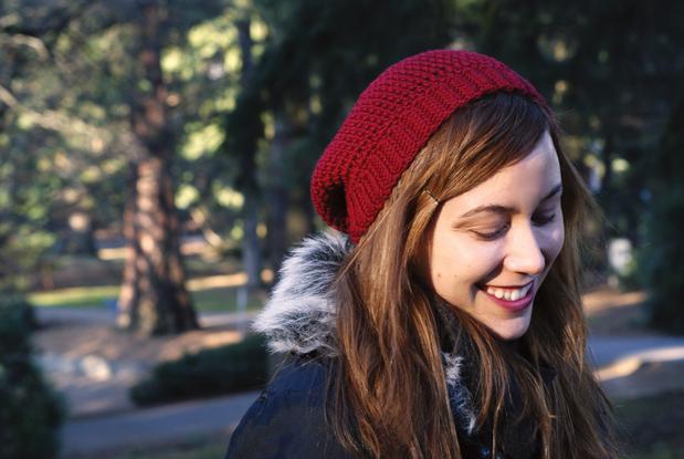 This is a basic, bottom-up beanie-style hat, with a ribbed edge (worked sideways in single crochet through the backloop) and slouchy, uniform body (worked round in half double crochet). Constructed as you go, there is very minimal finishing required at the end.