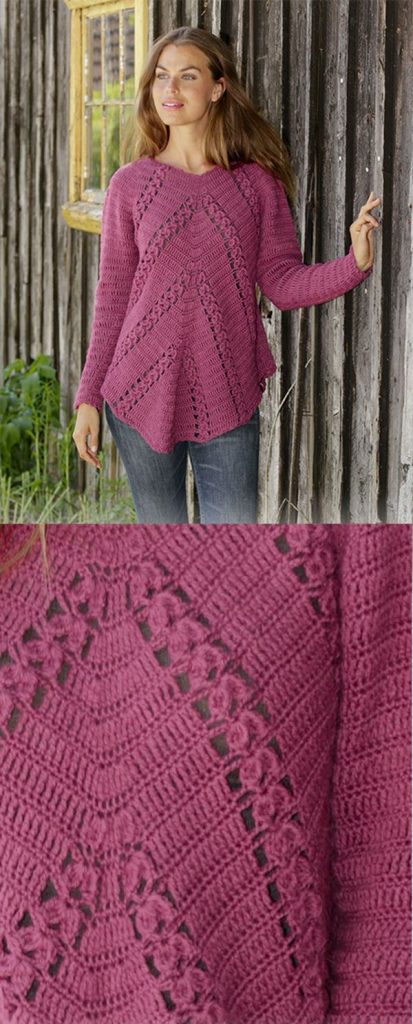 Free Crochet Pattern For A Raglan Sweater With Angled Fans And Lace ⋆ 0FF