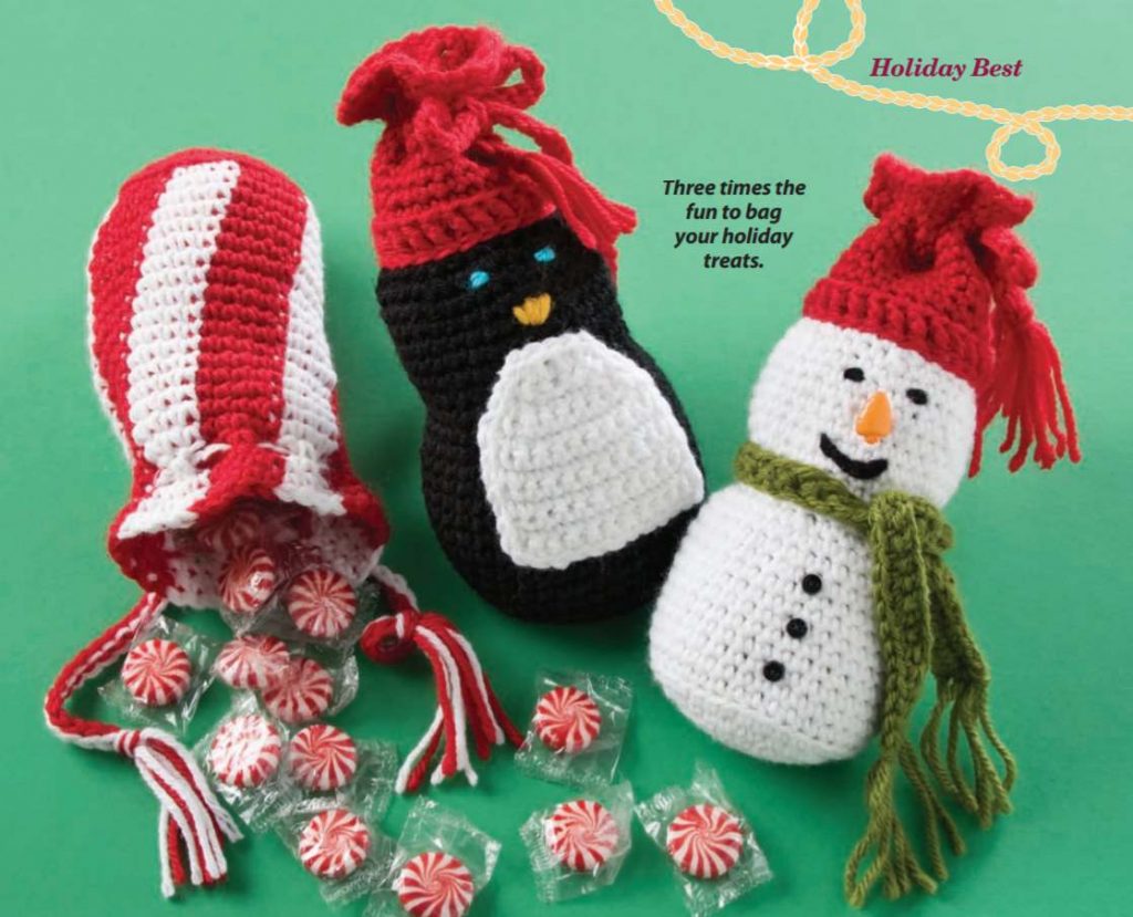 Free crochet pattern for a Christmas Giftbag with Snowman and Penguin