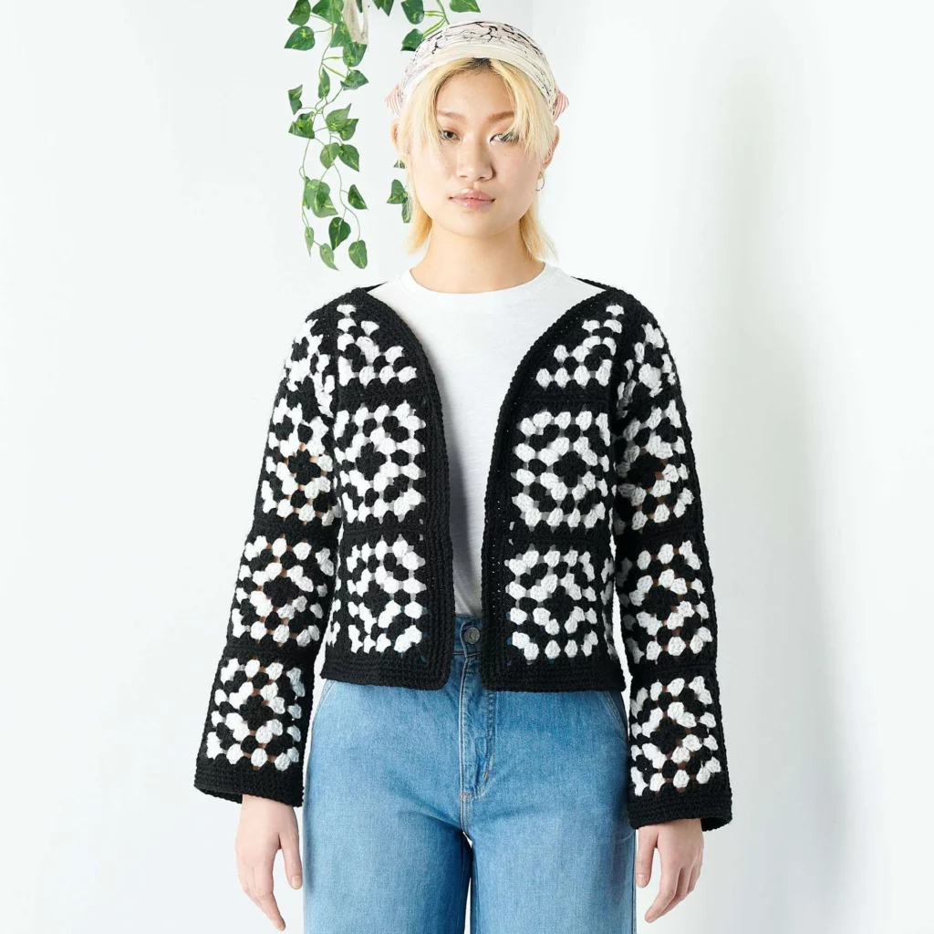 Free Red Heart Crochet Two Color Granny Square Jacket Pattern, XS/S