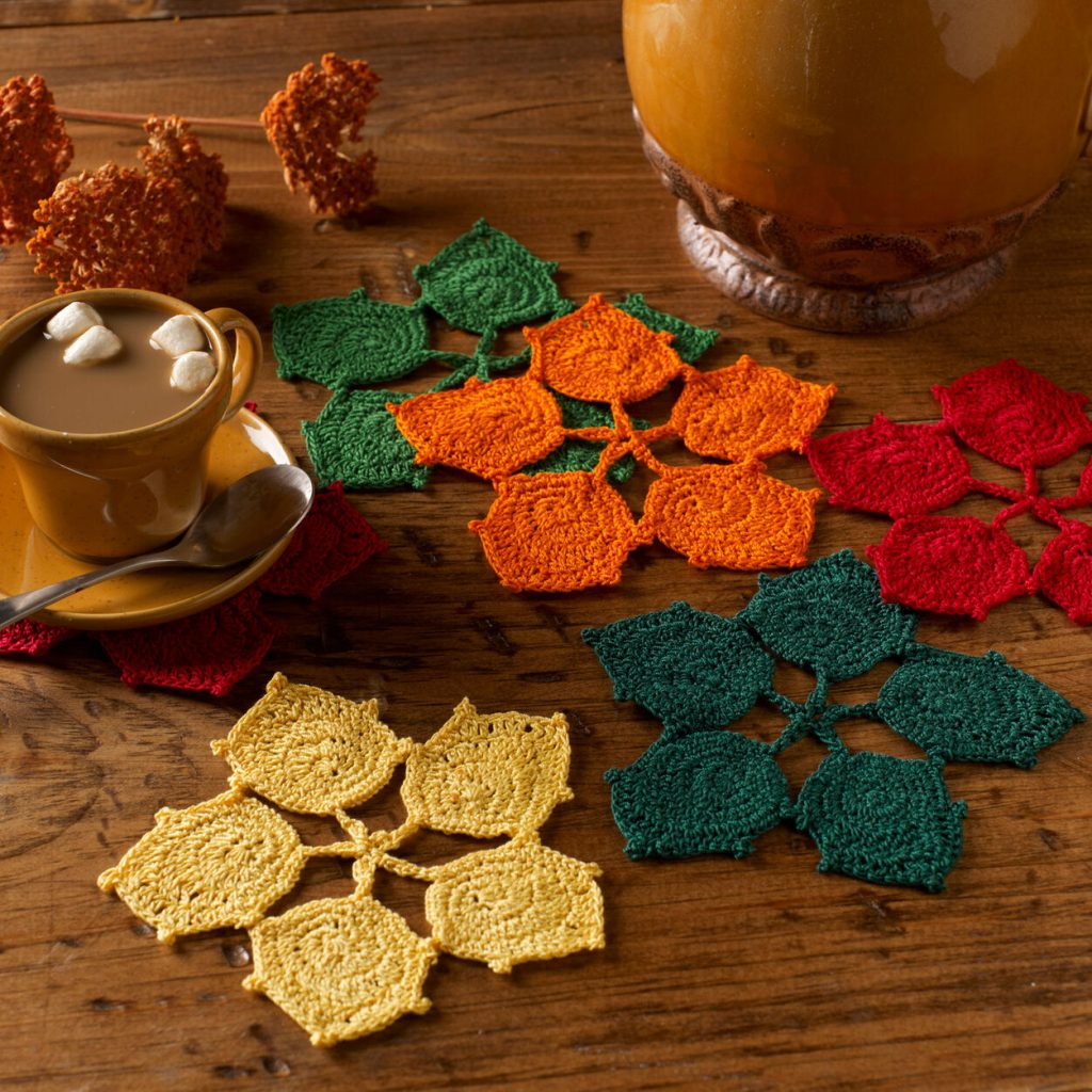 Free crochet coaster pattern with leaf shape