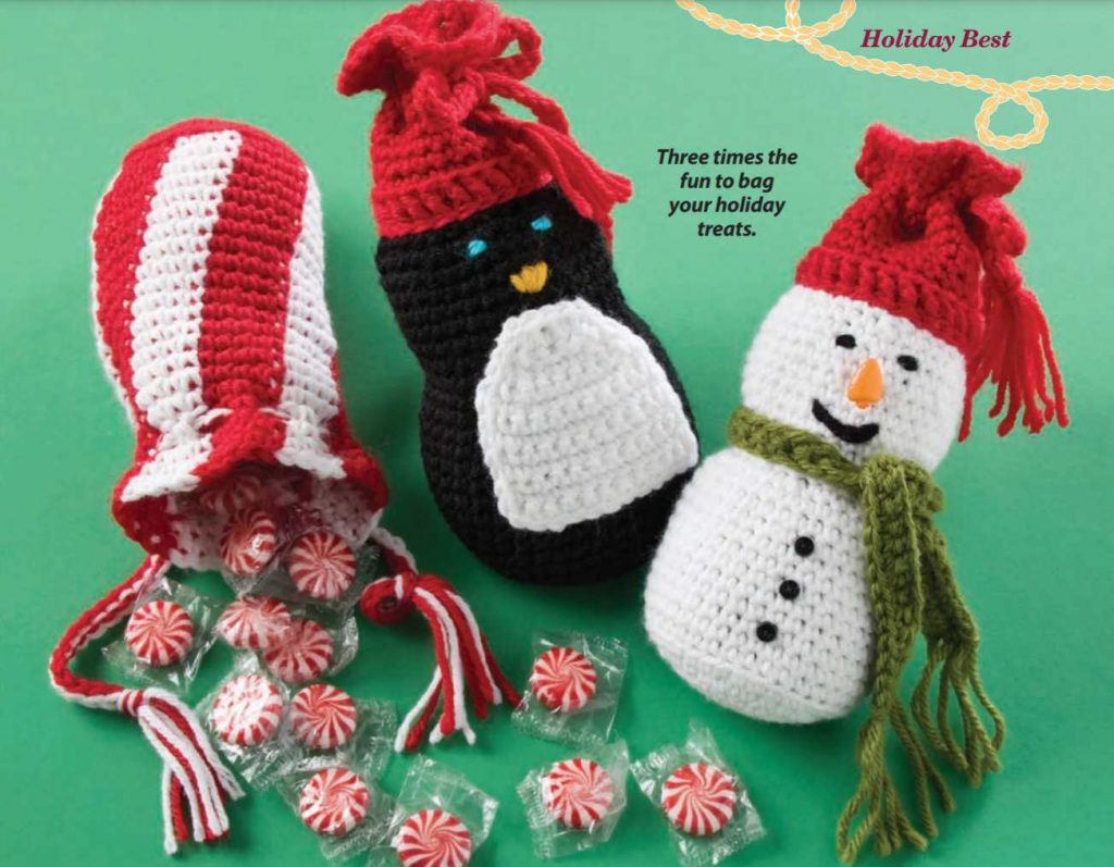 Free crochet Christmas pattern for a cheery gift bag snowman and penguin