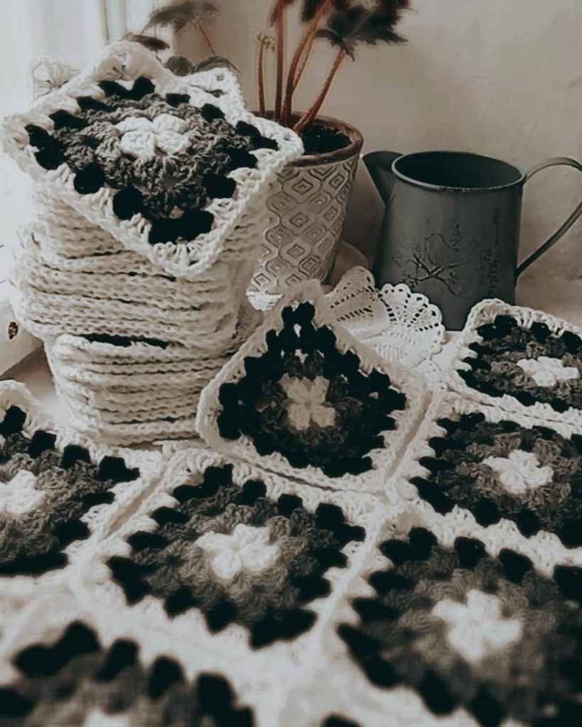 Black white and gray granny square crochet blanket