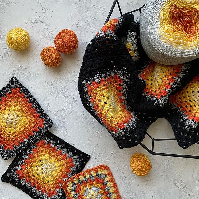 orange and black granny squares crochet