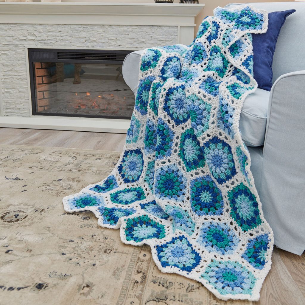 Free Crochet Pattern for Red Heart Hexagon Blues Throw