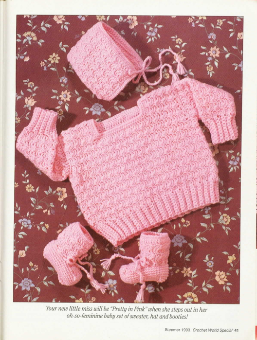 Crochet Pattern for a Baby Bonnet, Sweater and Booties