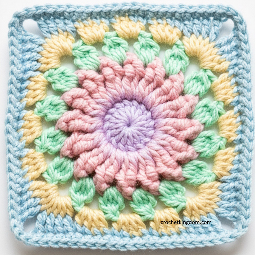 crown crochet granny square in pastel colors