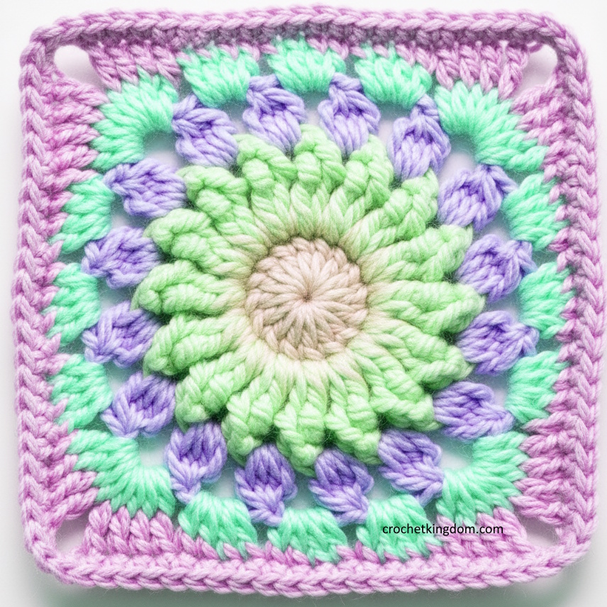 crown crochet granny square in pastel pink and green