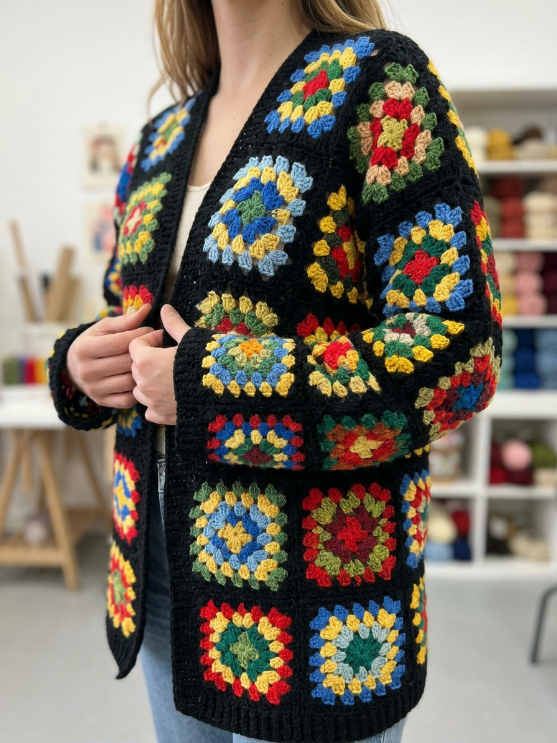 black granny square crochet cardigan