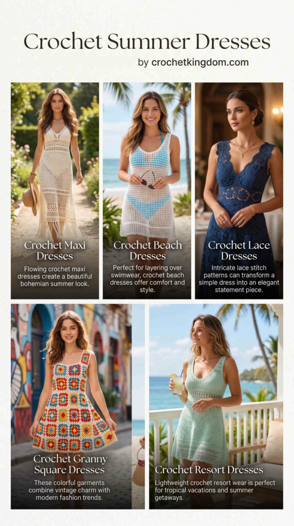 Crochet Summer Clothes Inspiration dresses, maxi, granny, beach, resort and lace
