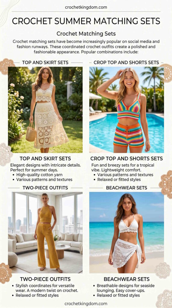 Crochet Summer Skirts

Crochet skirts offer endless styling possibilities.

Popular styles include:

Crochet Mini Skirts

Fun and youthful, crochet mini skirts pair beautifully with simple tops.

Crochet Midi Skirts

Crochet midi skirts offer versatility for both casual and dressier occasions.

Crochet Maxi Skirts

Flowing crochet maxi skirts create an elegant bohemian-inspired outfit.