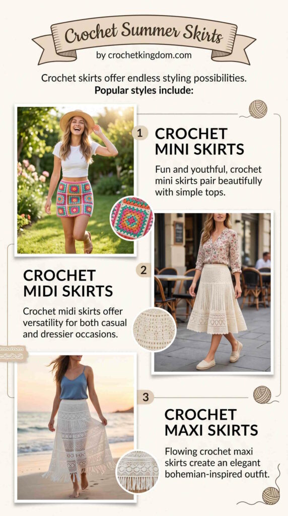crochet summer skirts, mini, midi maxi