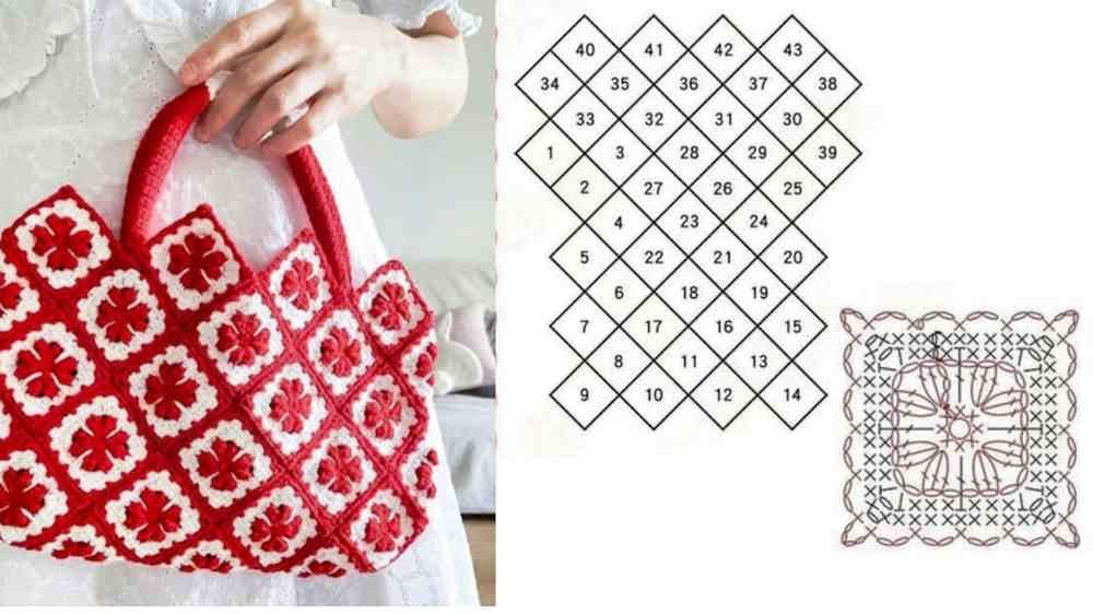 red and white crochet granny square tote bag