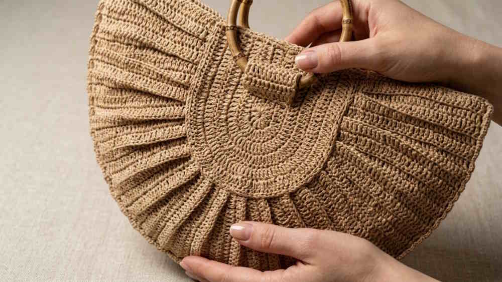 brown jute modern semicircle crochet bag