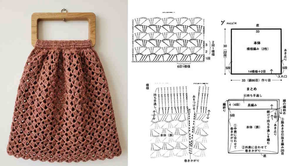 a crochet bag with a brown wooden handle and a fancy crochet stitch, crochet diagram pattern included